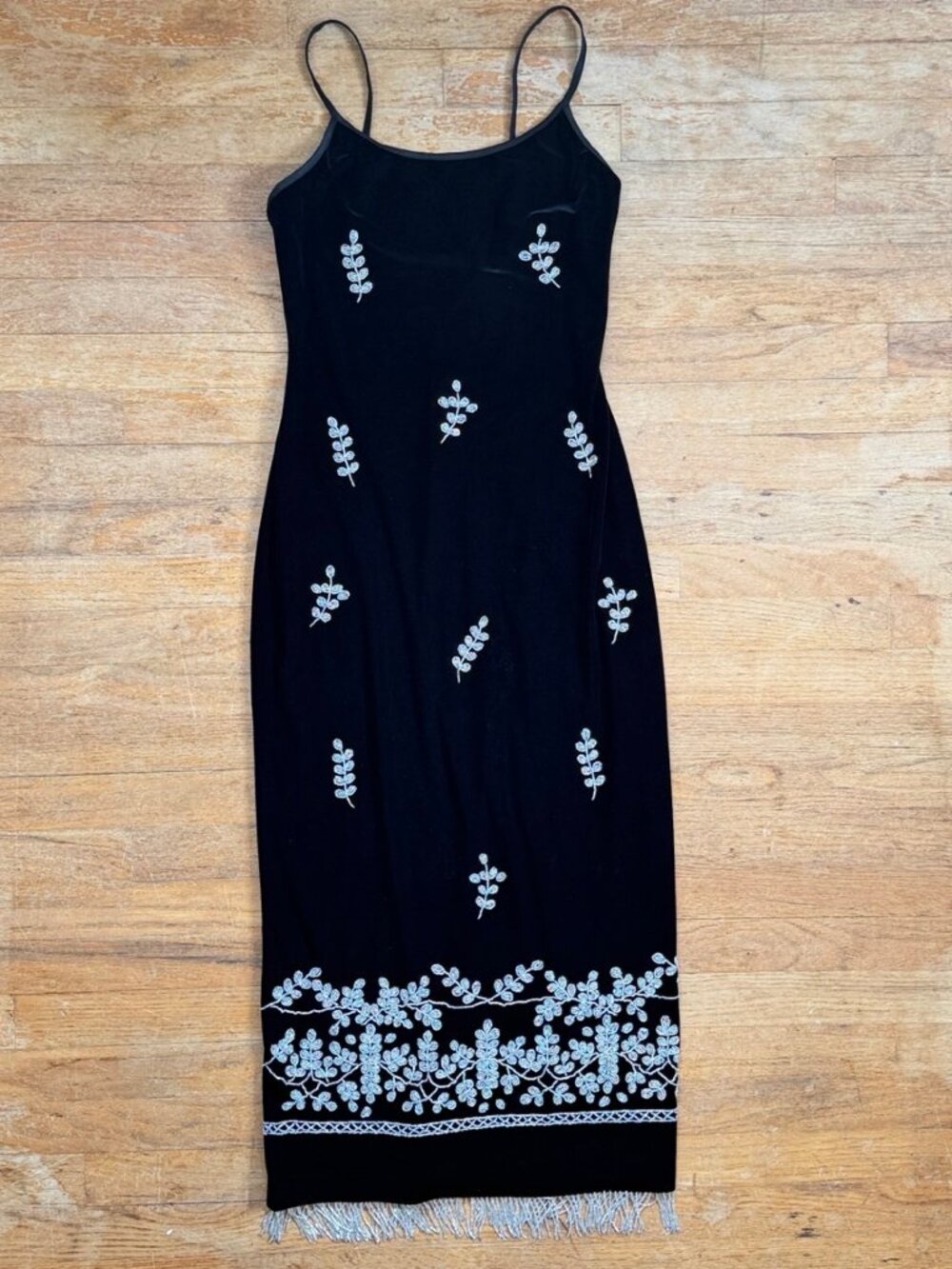 Vintage Black Velvet Beaded Leaf Dress Size Small Stenay Spaghetti Strap Maxi